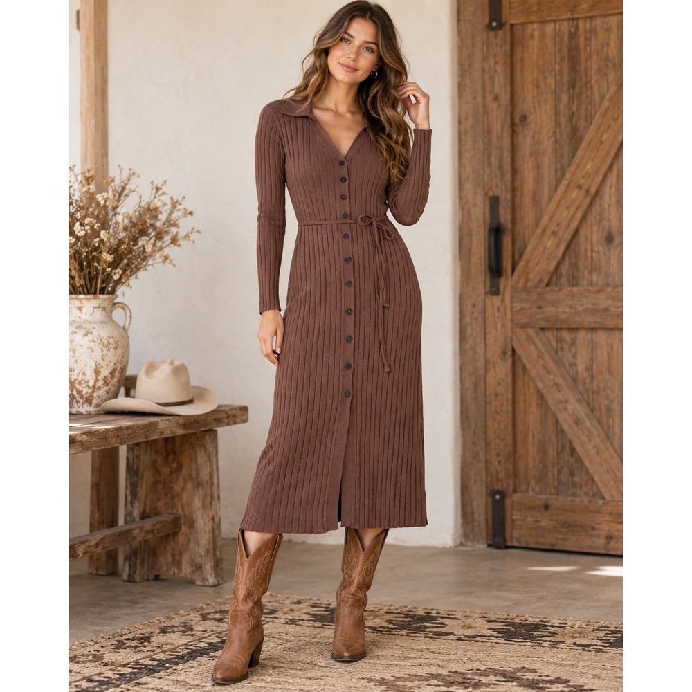 All Row Brown Ribbed Knit Button Front Midi Sweater Dress DM1405-V Small
